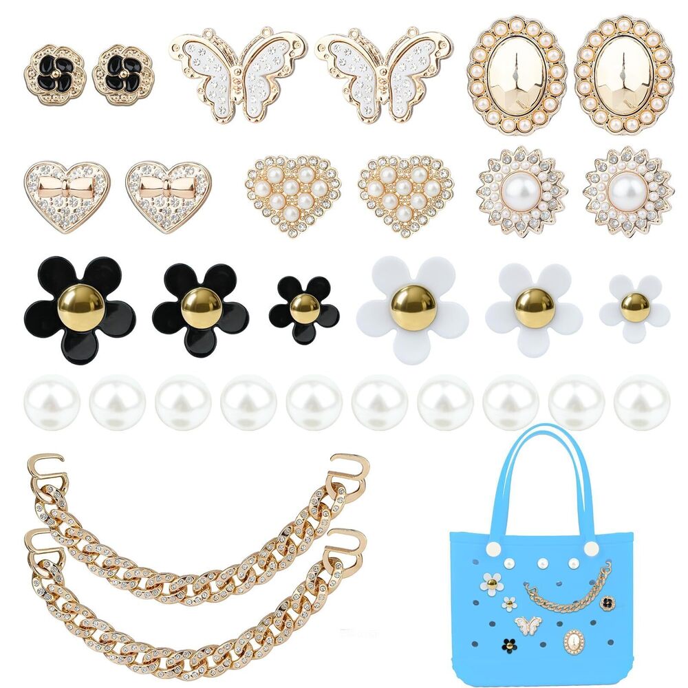 1038 30 PCS Charms for Bogg Bag, Flowers Pearls Butterflies and Bling